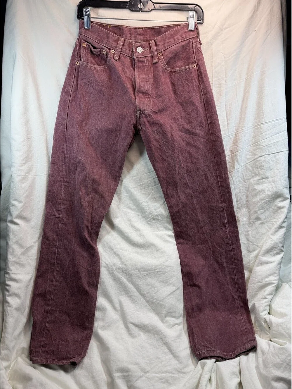 Vintage 90s Levis 501 Jeans Mens 29x32 Faded Burgundy Plum Button Fly Denim USA